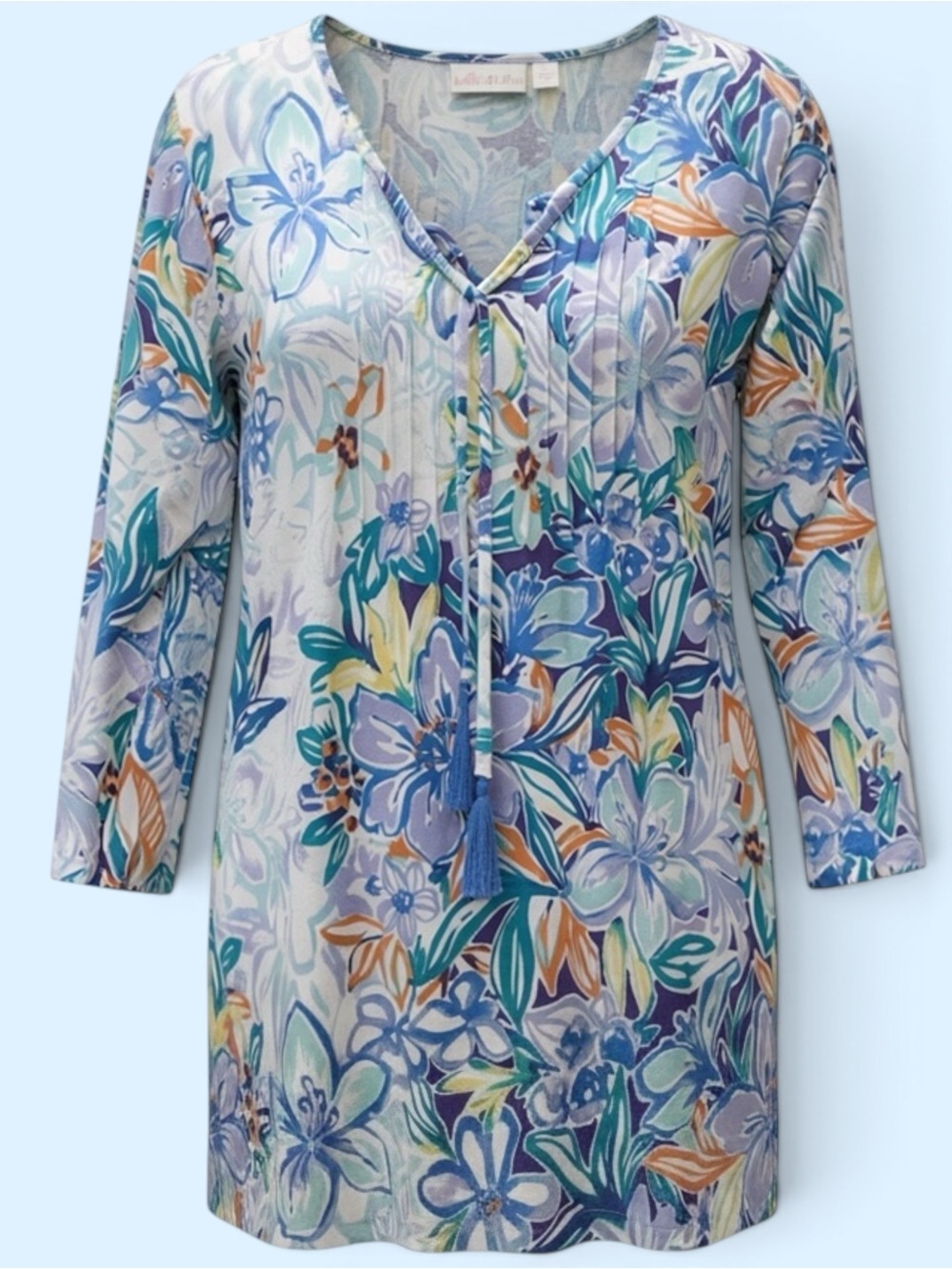 Belle by Kim Gravel Floral V-Neck Tunic in Blue, Teal and Orange